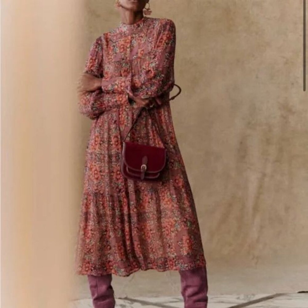 Sezane Dusty Rose & Coral Floral Long Sleeve Midi Dress